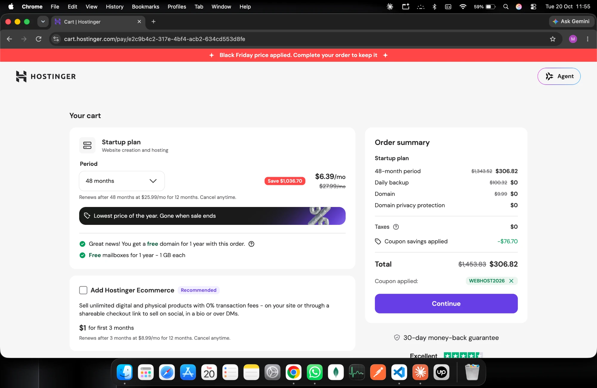 Hostinger cart with coupon WEBHOST2026 applied for 20% off