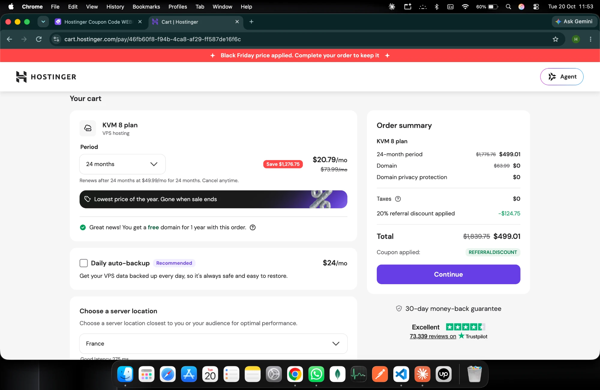 Hostinger cart showing a 20% referral discount applied automatically through the referral link